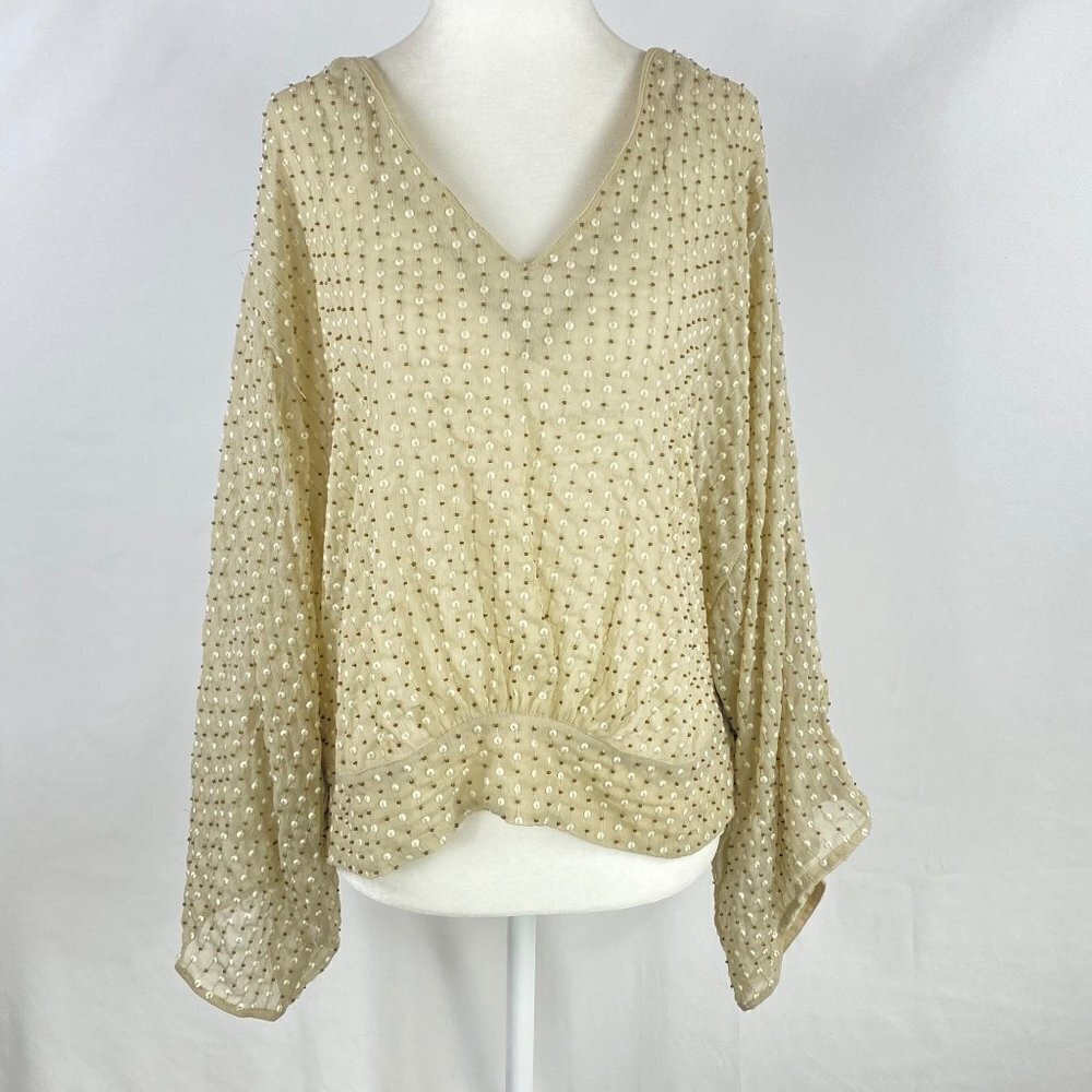 Lucky Brand Top Kimono Sleeve Sequined Blouse Ivory Sz L Elegant